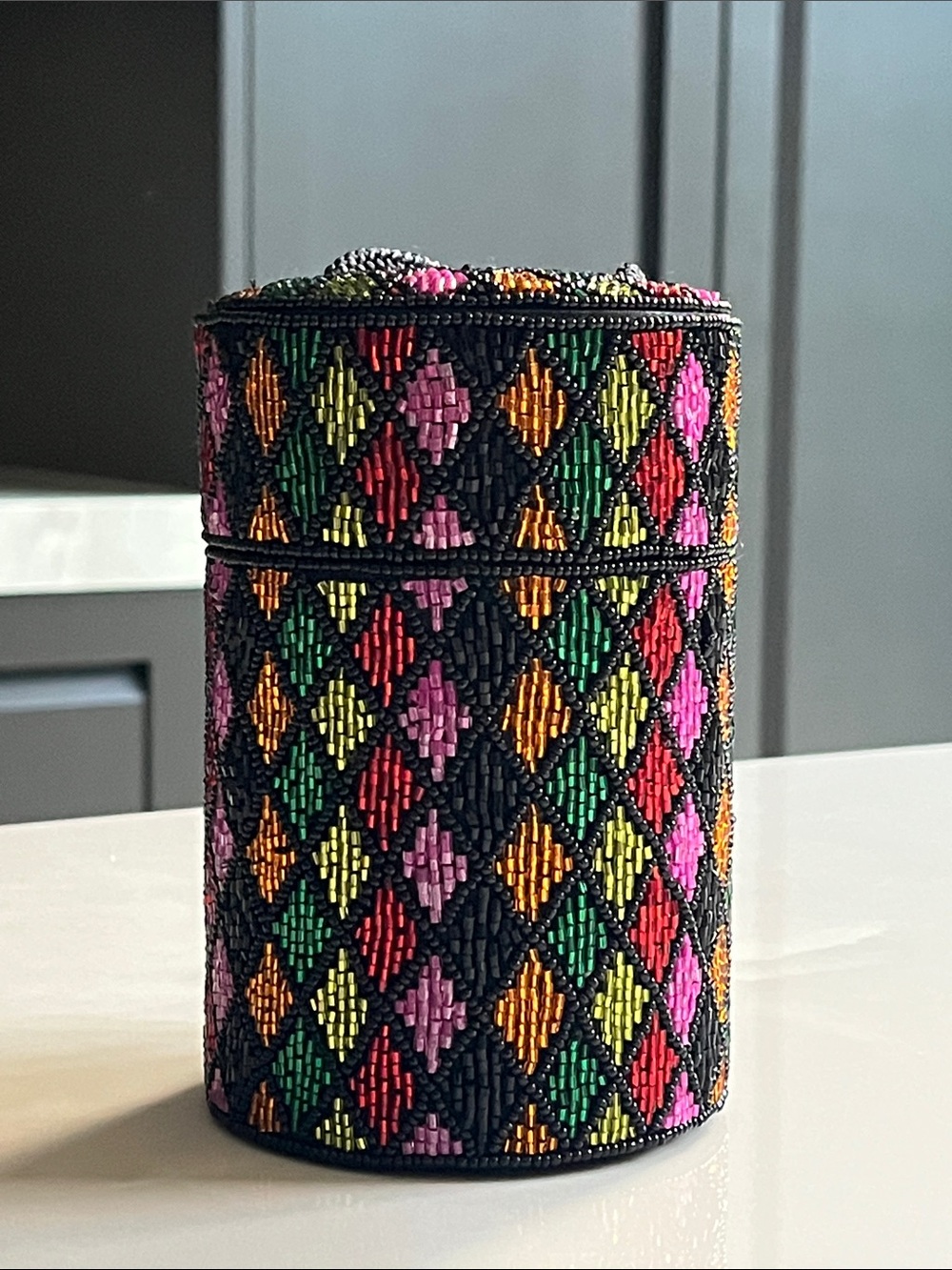 Bob Mackie Beaded Multicolor Harlequin Cylinder Bag with Cord Strap.